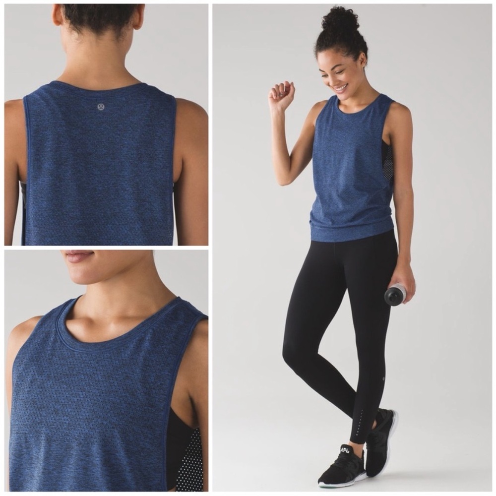 Lululemon Women Cerulean Blue Black Breeze By Muscle Mesh Sleeveless Tank Top 4